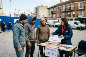 Quatre personnes parlent avec une agente sociale devant un stand d’information sur les droits du travail, documents et flyers sur la table.