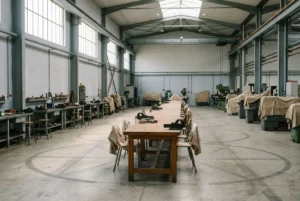 Atelier industriel spacieux avec postes de travail et machines partiellement couvertes, éclairé par lucarnes et lignes de stockage. Alt.