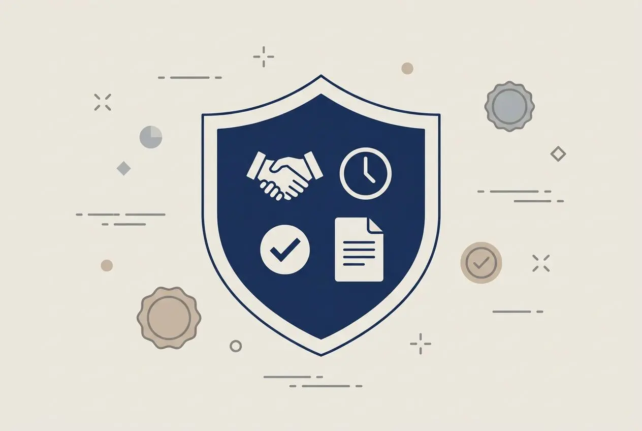 Bouclier bleu avec handshake, horloge et document, symbole de sécurité et de droits, illustrant les avantages du détachement pour un salarié.