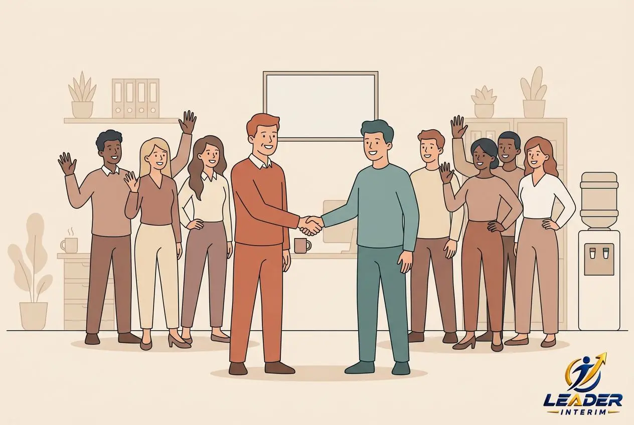 Deux intérimaires se serrent la main au centre d’un équipe de travail, entourés de collègues qui applaudissent et sourient. Adapt intérimaire équipe rapidement.