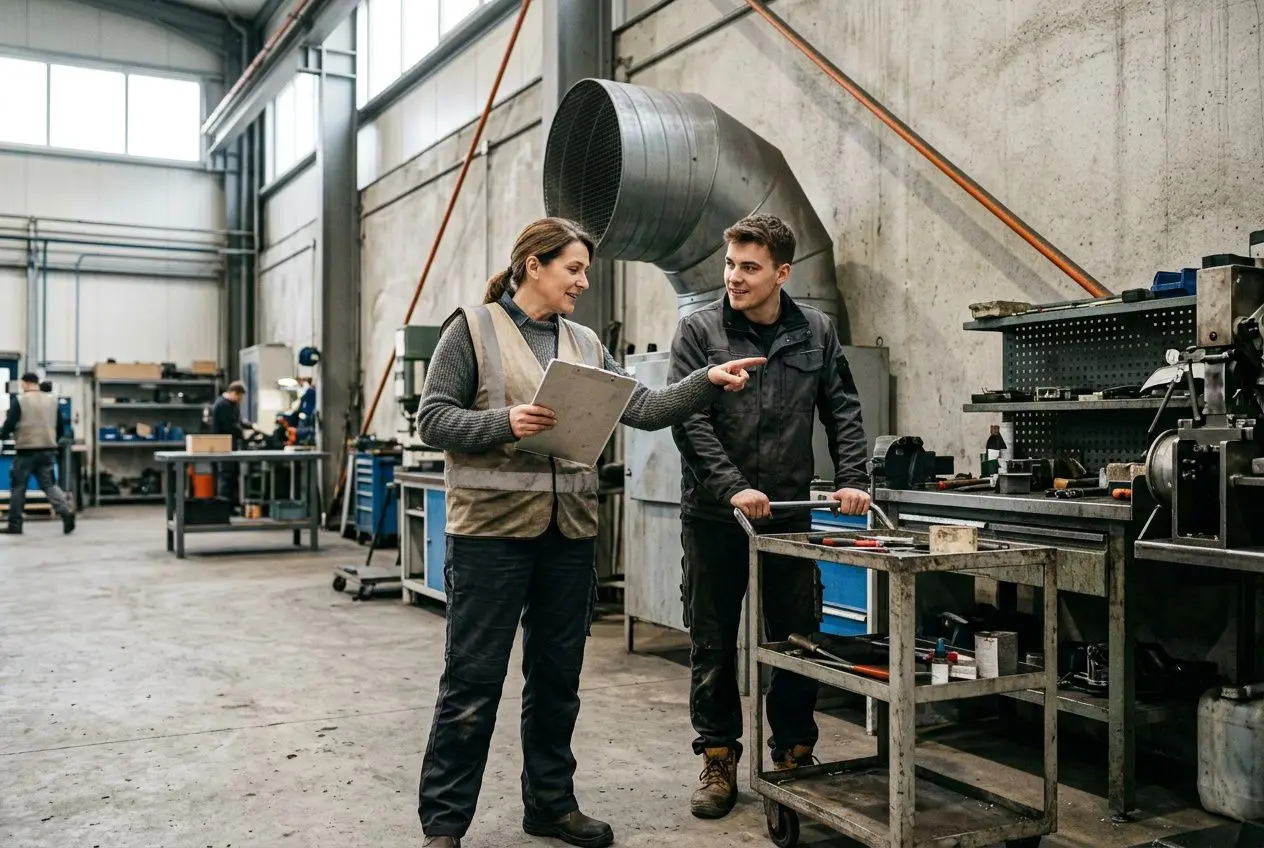 Deux opérateurs dans un atelier industriel discutent près d’un établi; l’une tient un dossier, l’autre pointe du doigt. Adapt intérimaire équipe rapidement.