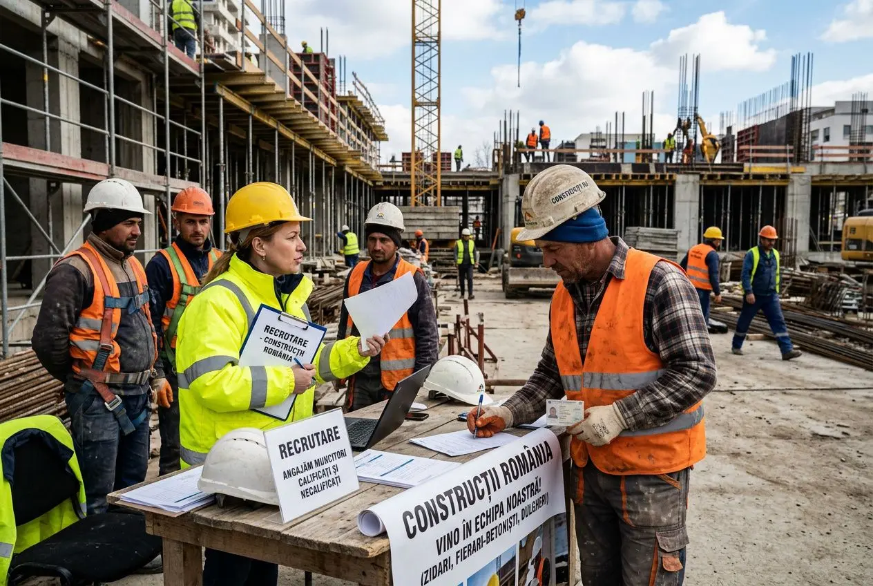 Deux ouvriers montent des équipes sur un chantier de construction, échangeant des documents près d’un panneau « Recrutare » et un homme signe des papiers, entouré d’autres travailleurs en gilets haute visibilité. travailleur roumain secteur construction et intégré.