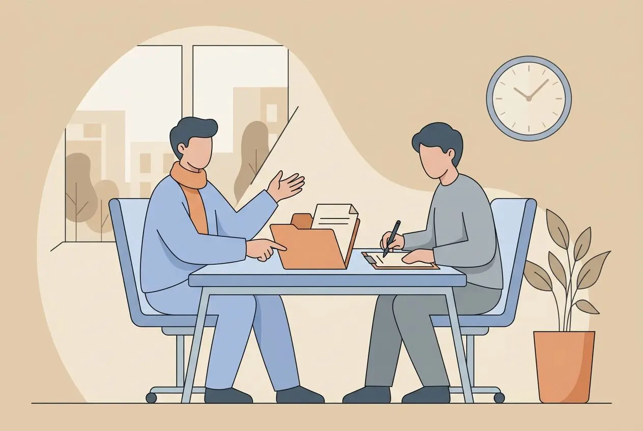 Deux professionnels en entretien d’intégration, discussion et prise de notes autour d’un bureau, détail d’onboarding employé en contexte professionnel.