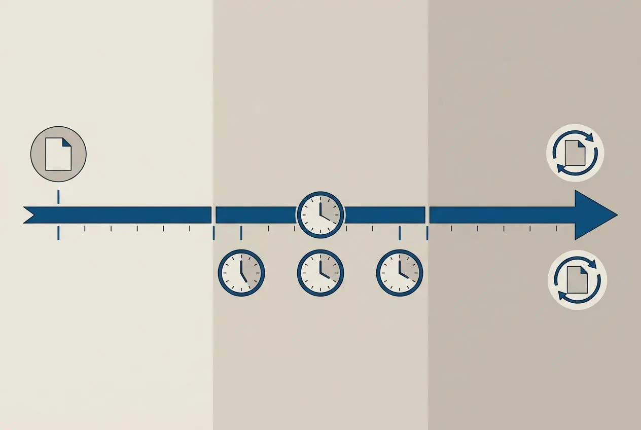Diagramme horizontal montrant une ligne du temps avec horloges et icônes de documents et de rafraîchissement, signe des étapes et de renouvellement. contr Bruxelles? intégré: contrat de travail temporaire exemple.