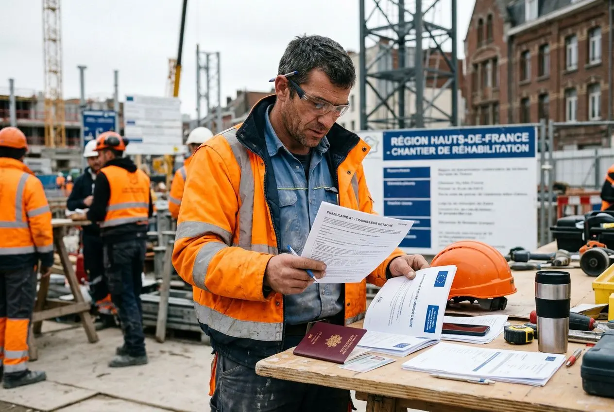 Homme sur un chantier, gilet orange, lit et examine des documents administratifs; outils et casques autour, panneau d’information sur le réaménagement en arrière-plan. intérim détaché travailleurs étrangers