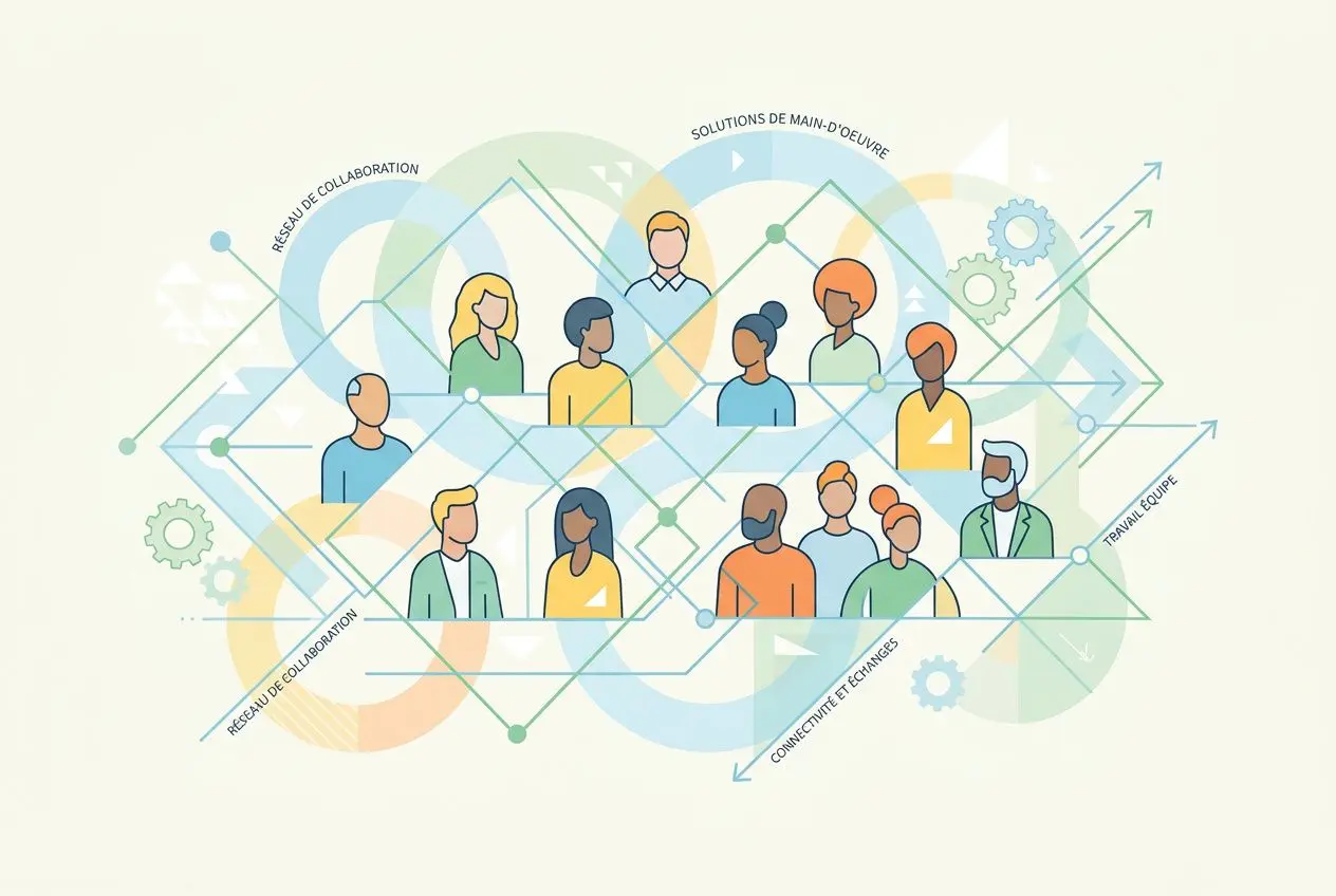 Illustration collectif sur les solutions contre la pénurie de main-d'œuvre: réseau de collaboration, échanges et formation entre plusieurs personnes.