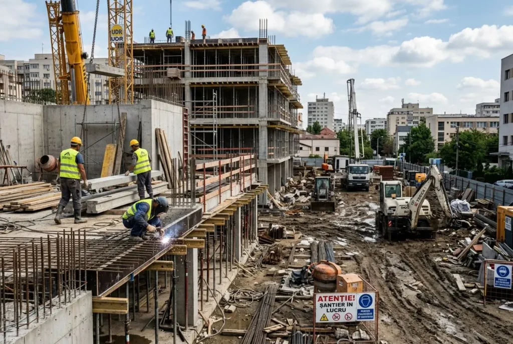 Travailleurs roumains en construction sur un chantier avec échafaudages et grues, assemblage de structures en béton.