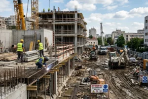 Travailleurs roumains en construction sur un chantier avec échafaudages et grues, assemblage de structures en béton.