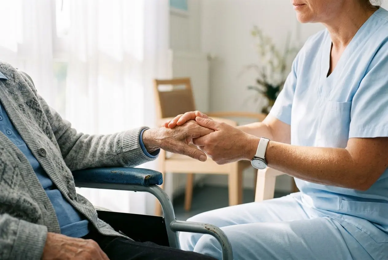 Aide-soignante tenant les mains d’une patiente âgée en fauteuil, symbole de soutien et d’accompagnement dans le secteur médical. Intégration: intérim médical aide soignante présente dans le contexte.