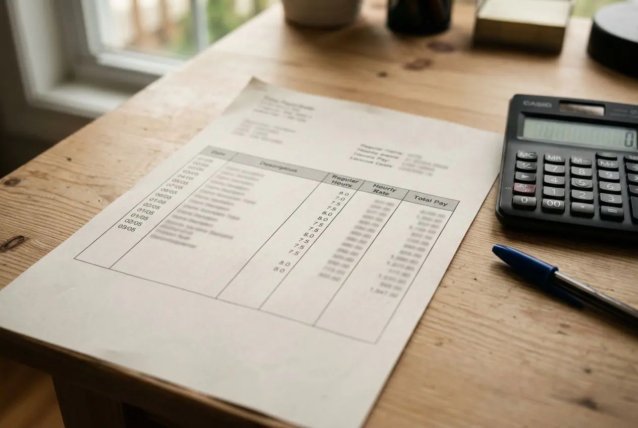 Calculatrice et fiche de paie sur un bureau en bois, près d’un stylo, évoquant le salaire en CDI intérimaire.