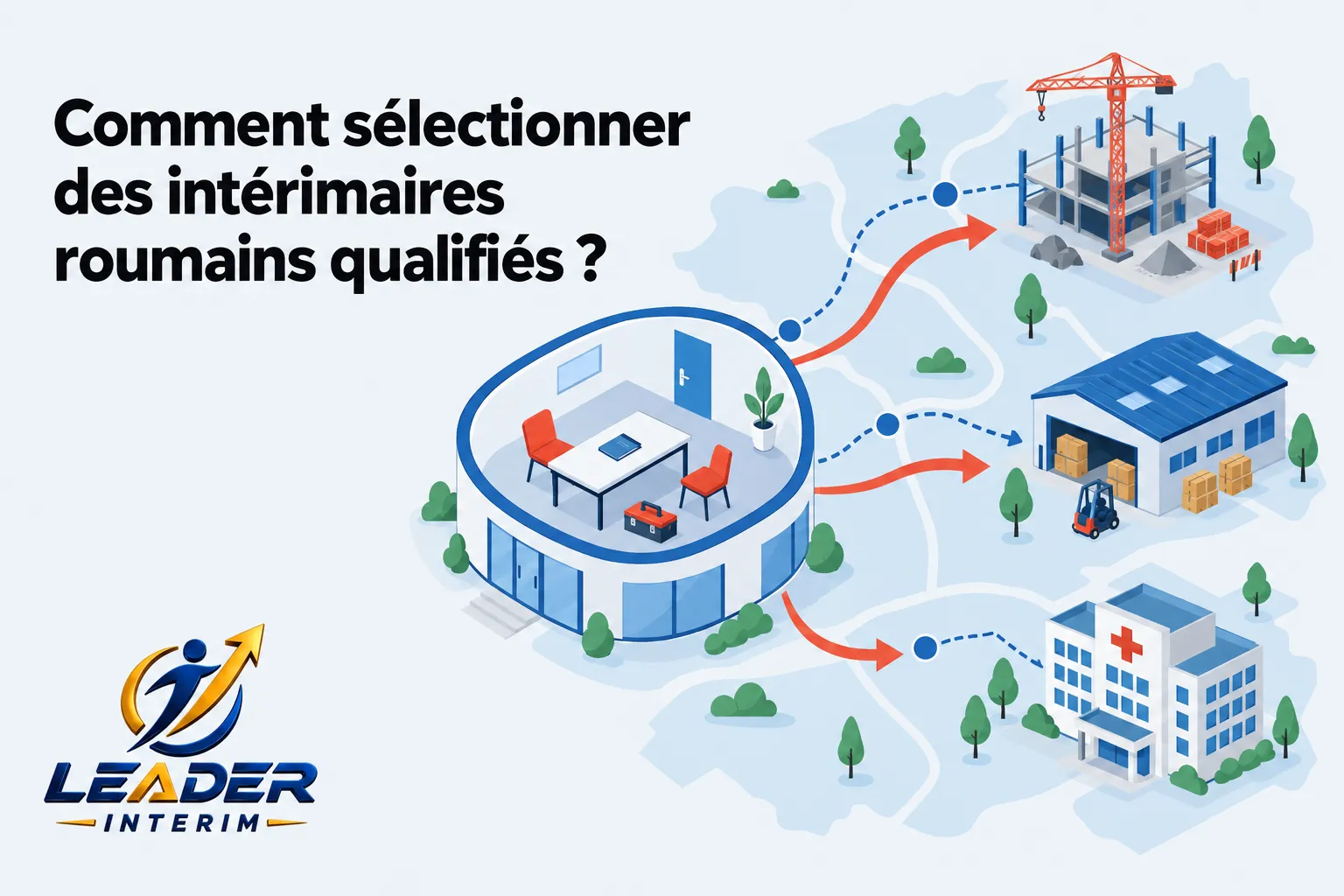 Centre de recrutement avec une salle de réunion ronde et des flèches rouges pointant vers un chantier, un entrepôt et un