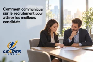 Comment communiquer sur le recrutement pour attirer les meilleurs candidats : deux professionnels en réunion, documents sur la table, logo Leader Interim.