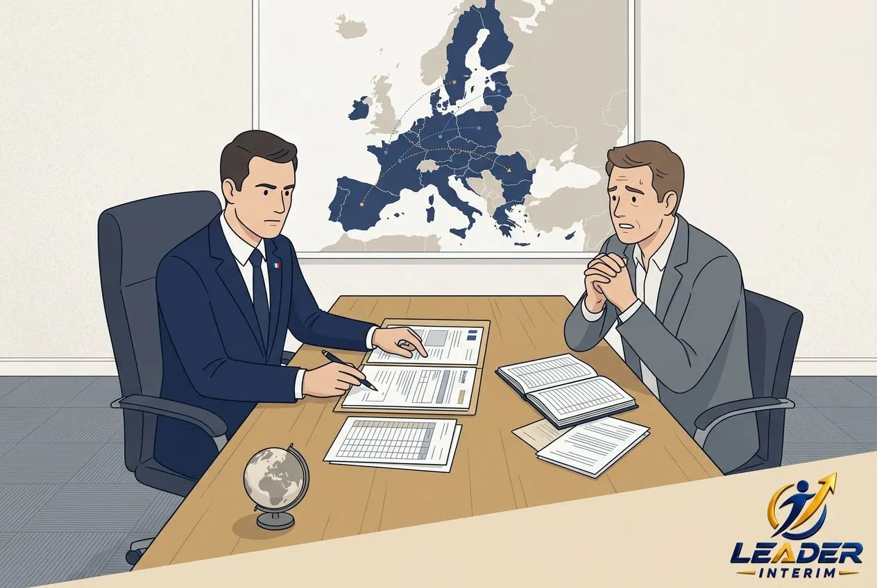 Deux hommes en tenue professionnelle autour d’une table de bureau en discussion, documents et livres ouverts devant eux; carte de l’Europe au mur suggérant un contexte d’immigration et d’embauche internationale. embauche salarié étranger sans titre de séjour.
