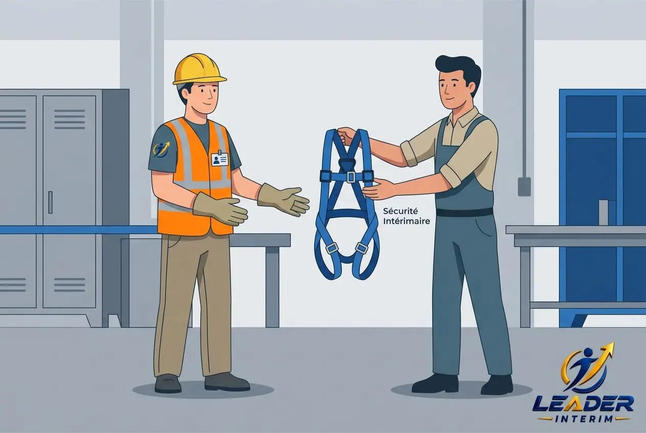 Deux travailleurs montrent un harnais de sécurité à suspendre, dans un atelier industriel, pour illustrer la protection sociale travailleur intérimaire.