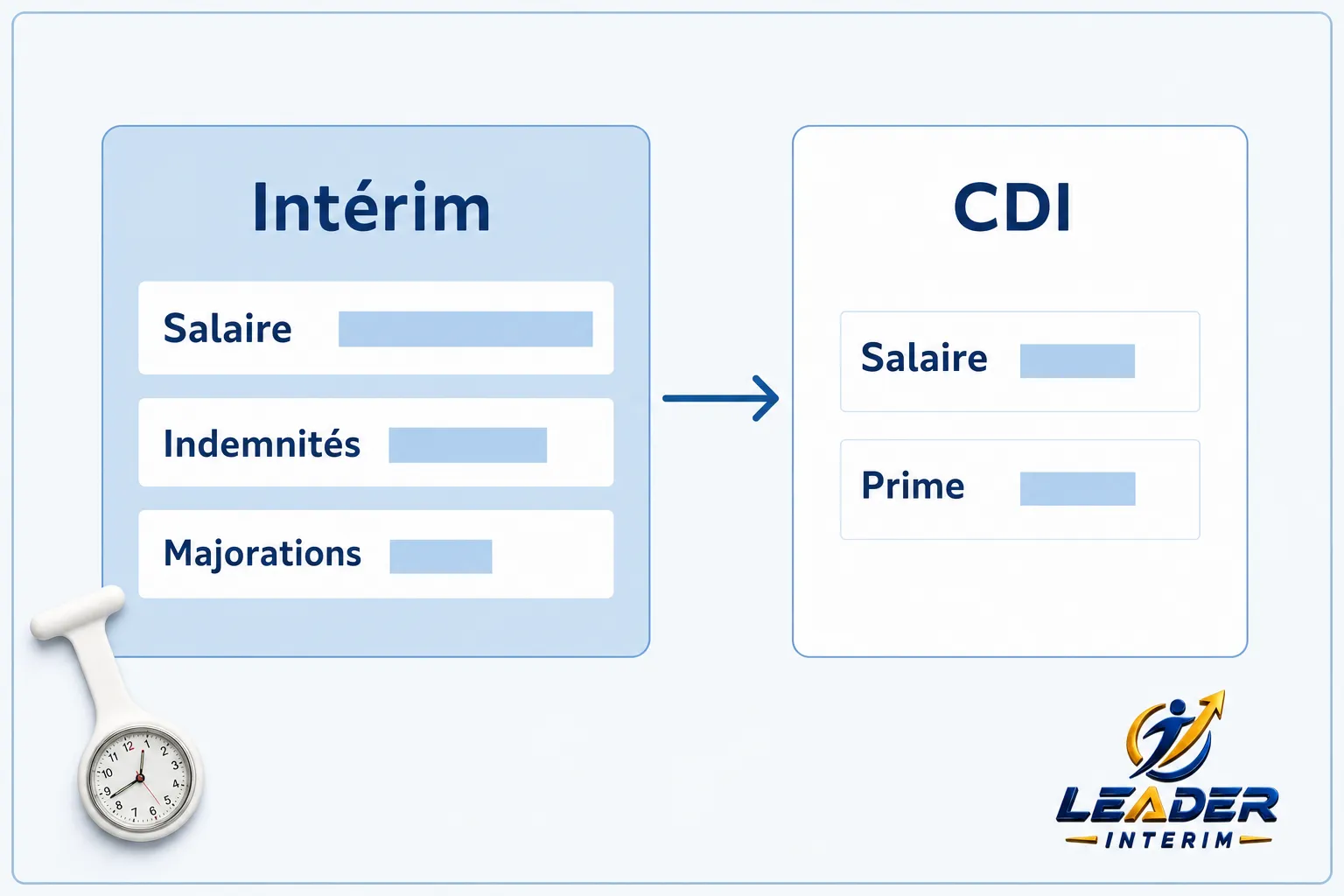 Diagramme comparant l’intérim médical aide soignante avec CDI: les cases montrant Salaire, Indemnités et Majorations vers CDI, style graphique bleu clair.
