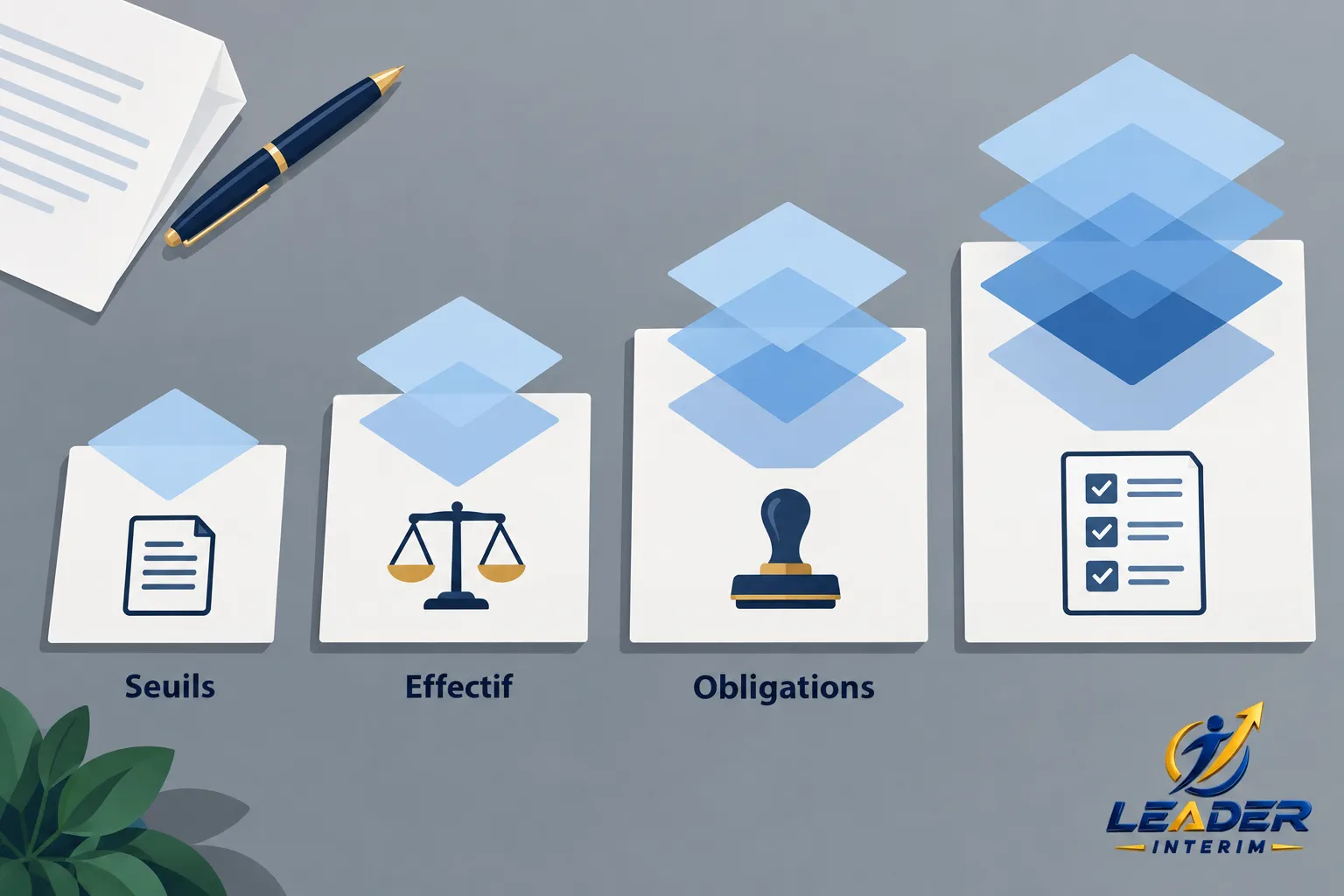 Diagramme sur la gestion effectifs avec icônes : seuils, effectif, obligations et checklist, représentant la planification RH et pilotage.