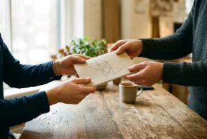 Échange d’un livret d’accueil entre deux personnes sur une table en bois, ambiance chaleureuse et simple.