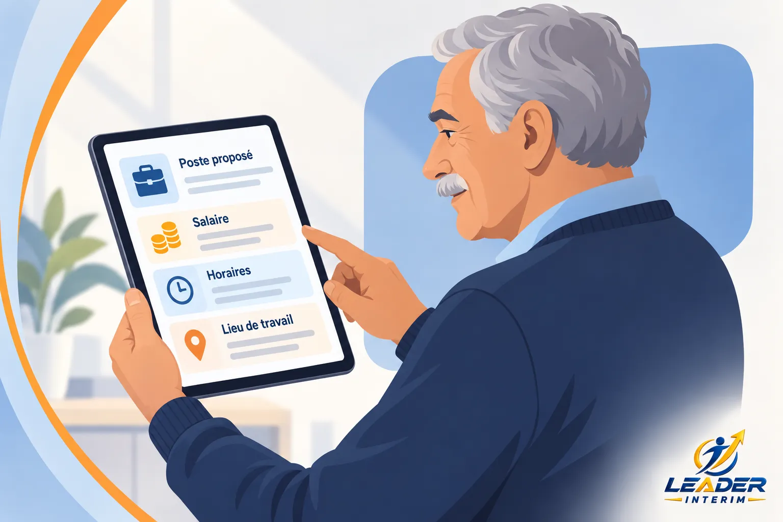 Homme âgé consulte une tablette présentant une offre d’emploi et des détails (poste proposé, salaire, horaires, lieu de travail), illustration pour “comment communiquer sur le recrutement”.