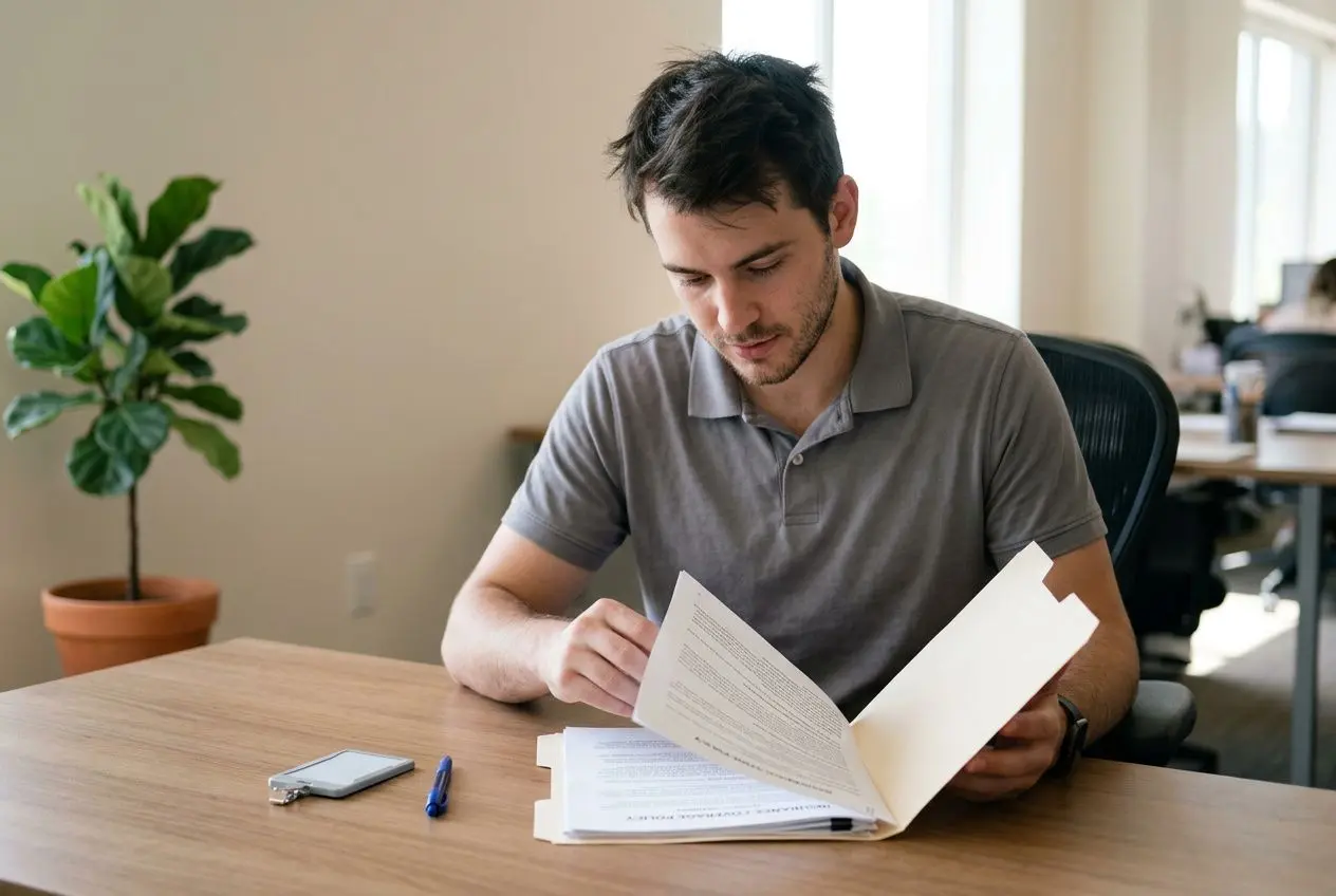 Homme lisant des documents sur un bureau, travailleur intérimaire en attente d’informations sur la protection sociale et les droits. Mention du sujet protection sociale travailleur intérimaire.