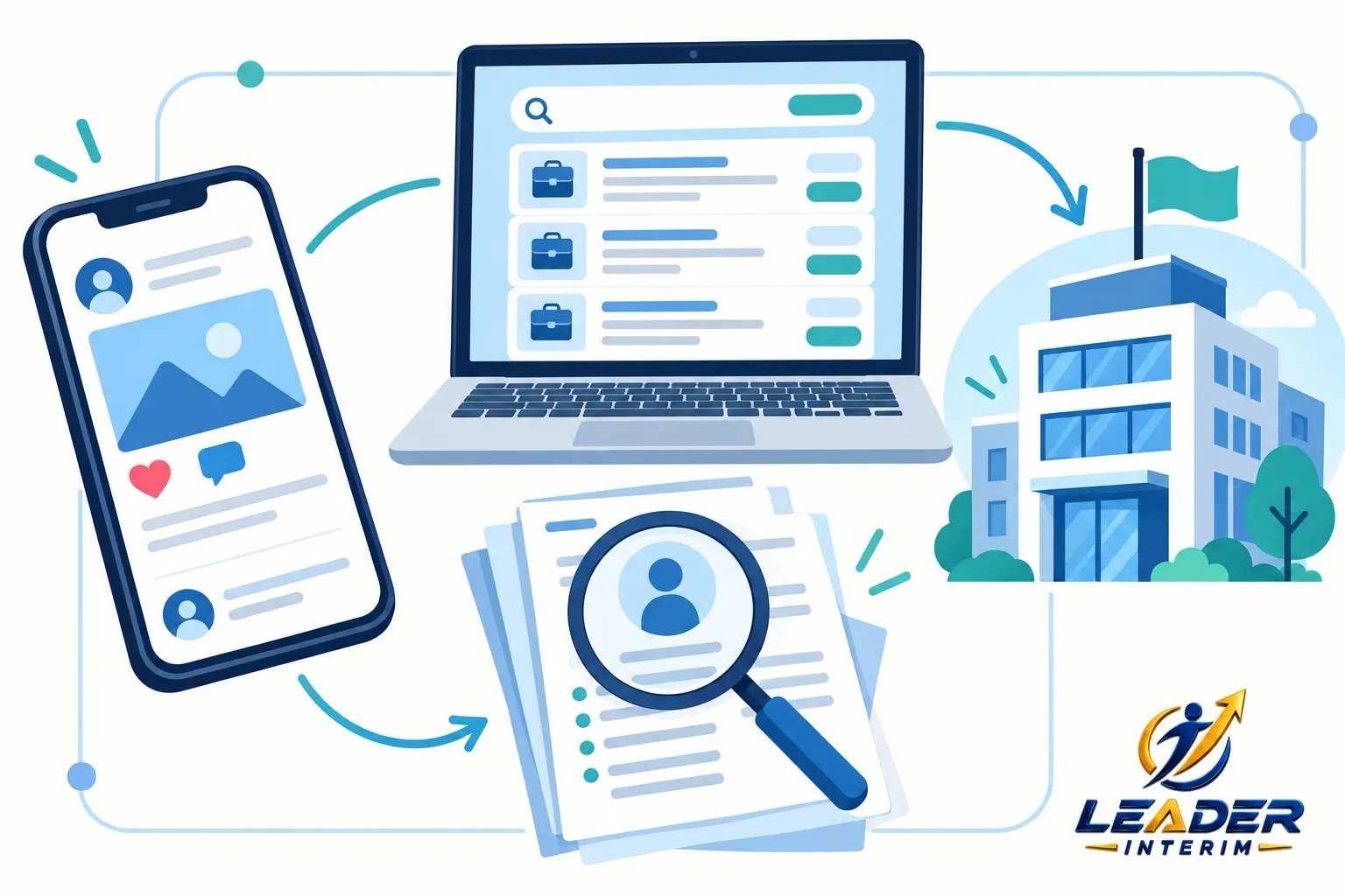 Illustration montrant smartphone, ordinateur affichant des annonces, et une loupe sur un CV, symbolisant comment communiquer sur le recrutement pour attirer les meilleurs candidats.
