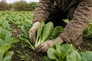 Légumes feuilles dans un champ, une personne ramasse des chicorées en portant des gants et des vêtements de travail. métiers de l'agriculture qui recrutent