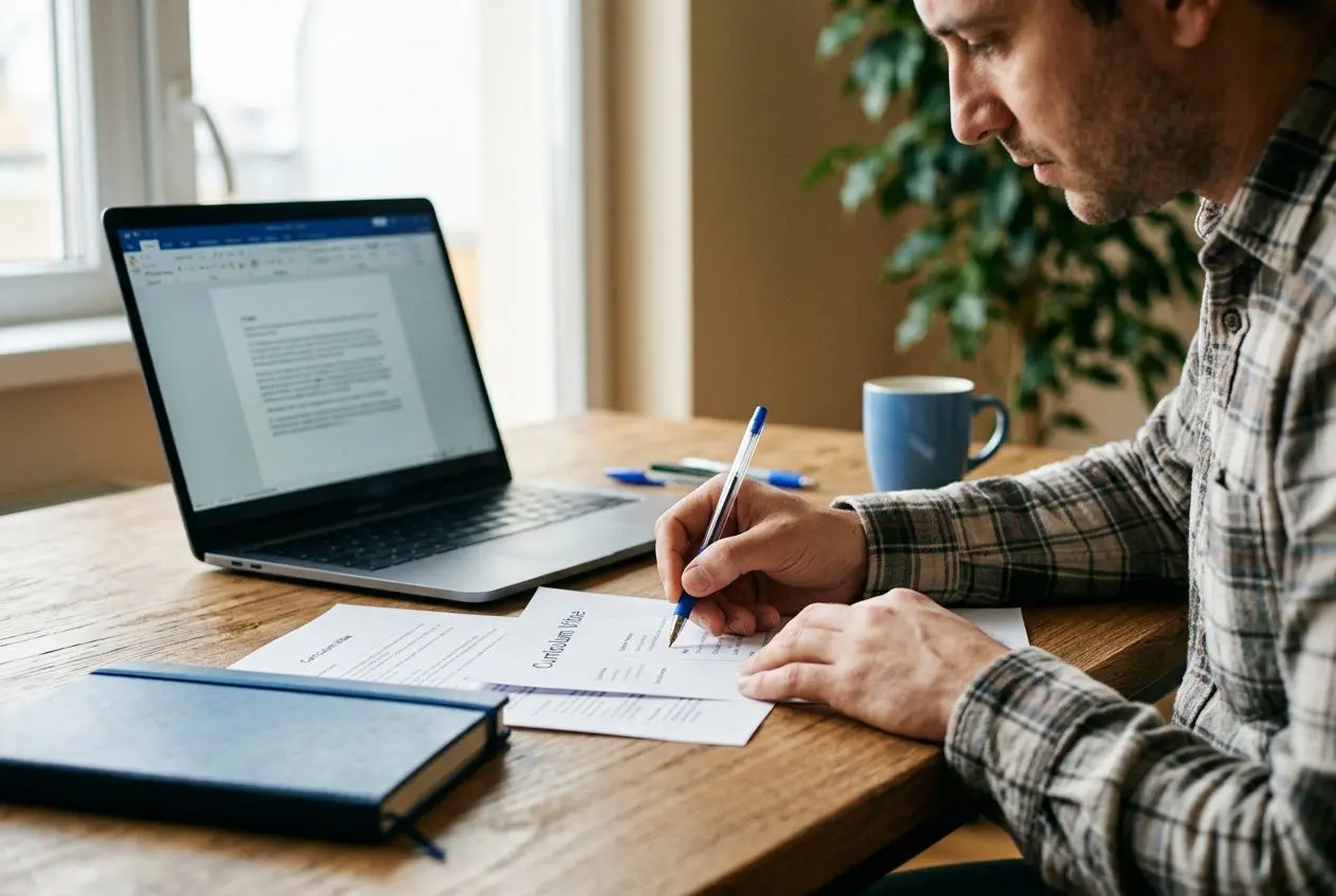 Personne assise à une table, écrivant sur un formulaire avec un stylo, ordinateur portable ouvert à côté, café bleu et carnet sur la table. Trouver un emploi en France pour roumain intégré naturellement dans la description.