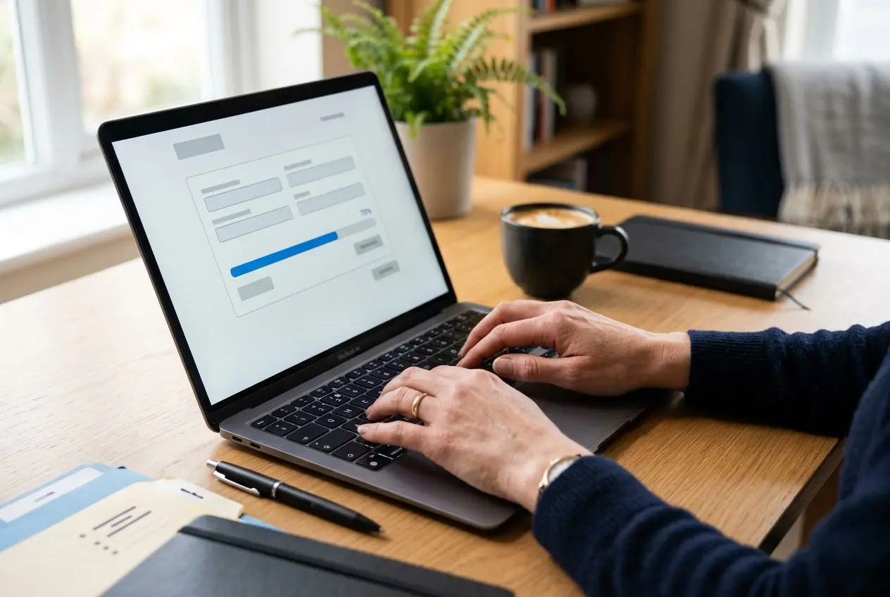 Personne tapant sur un ordinateur portable sur une table, avec café et carnet à côté, ambiance de travail. Trouver un emploi en France pour roumain intégré harmonieusement.