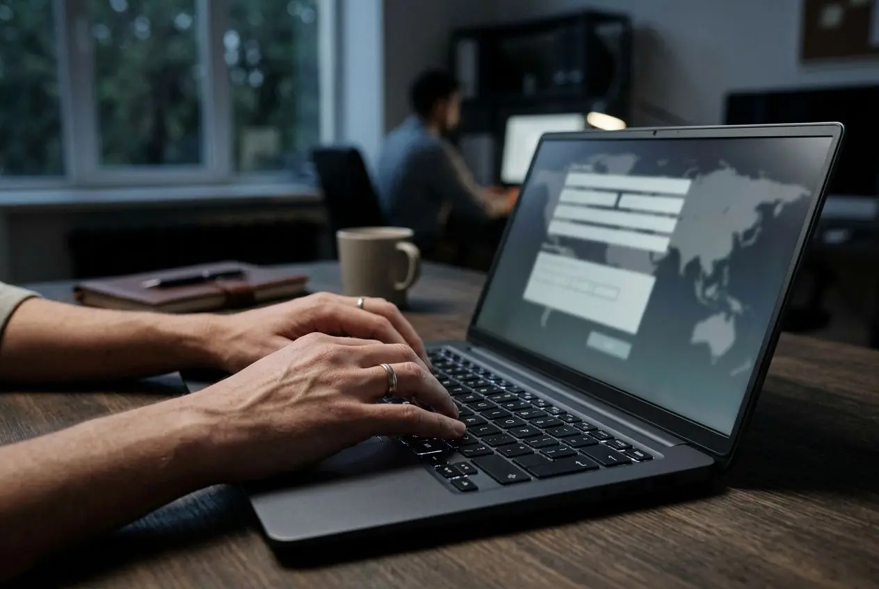 Personne travaillant sur un ordinateur portable en bureau, texte affiché à l’écran, ambiance professionnelle. embauche salarié étranger sans titre de séjour intégré.