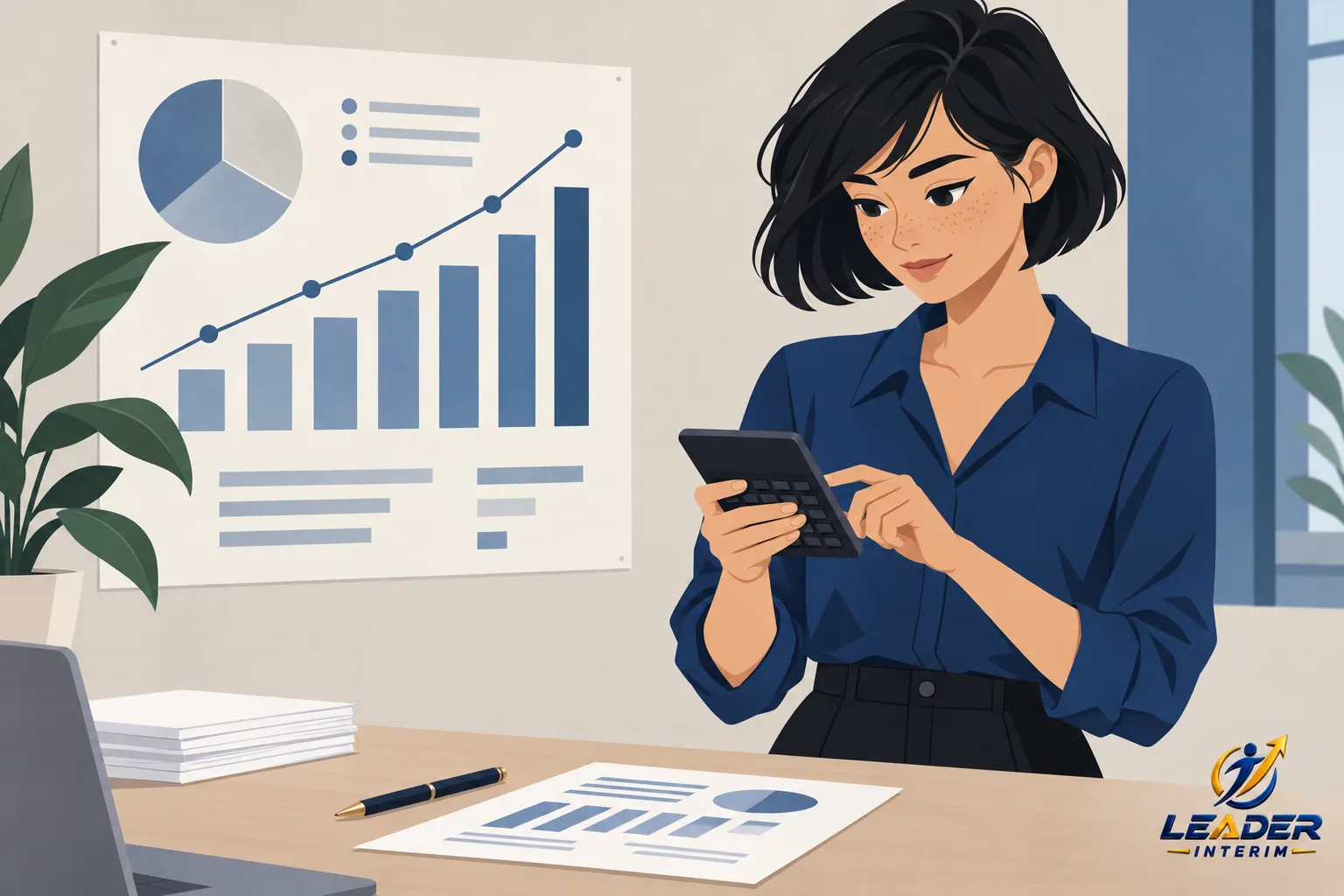 Une professionnelle regarde son smartphone dans un bureau, avec un graphique et des documents sur la table, illustrant la gestion effectifs et la planification des équipes.