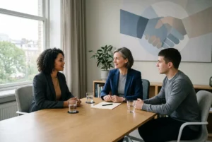 Trois personnes en réunion dans un bureau, échange cordiale autour d'une table, avec documents et verres d'eau, cadre professionnel. mise à disposition de personnel temporaire concept impliqué.
