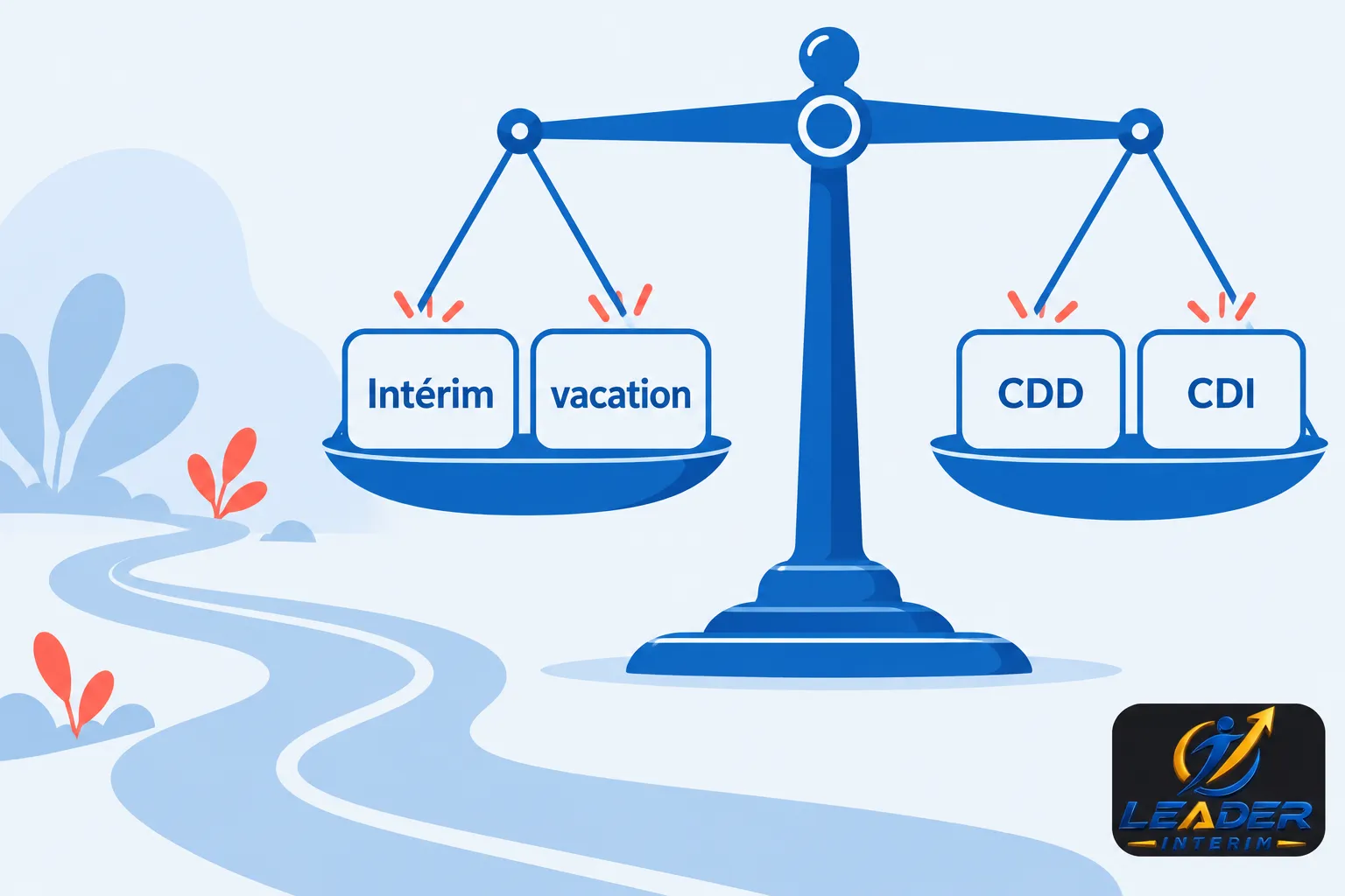 Balance illustrant l’évaluation entre intérim et vacances d’un côté et CDD et CDI de l’autre.