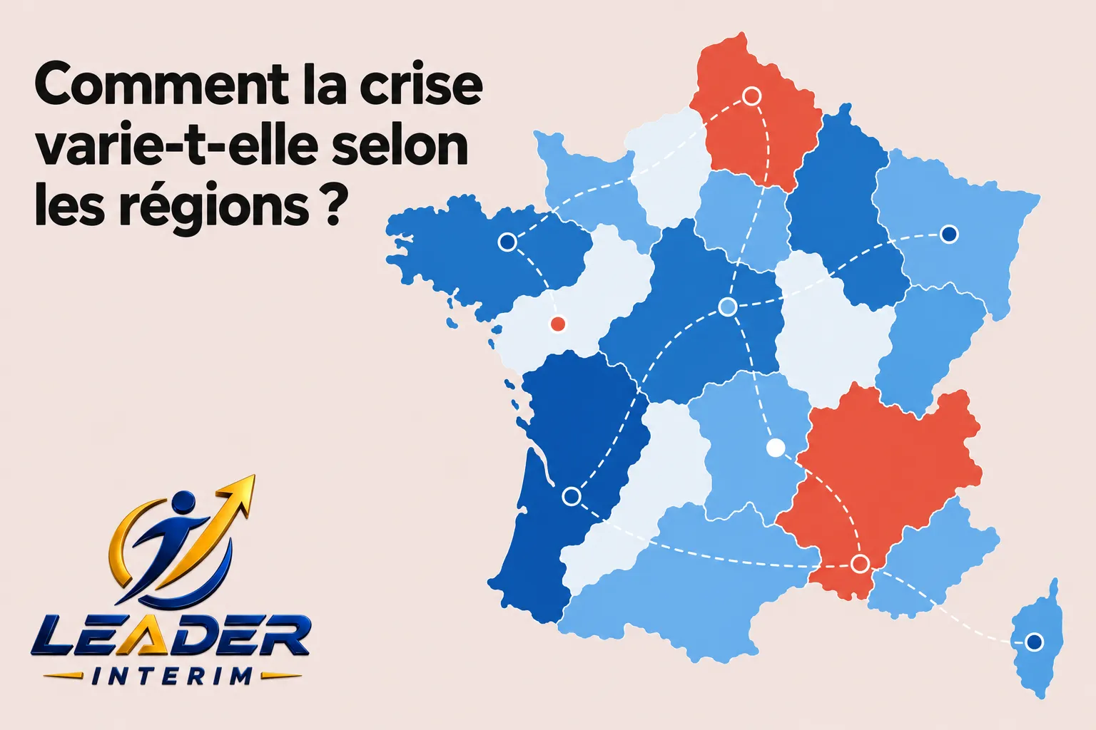 Carte de la France indiquant les variations de la crise selon les régions, avec des zones colorées en bleu et rouge et des