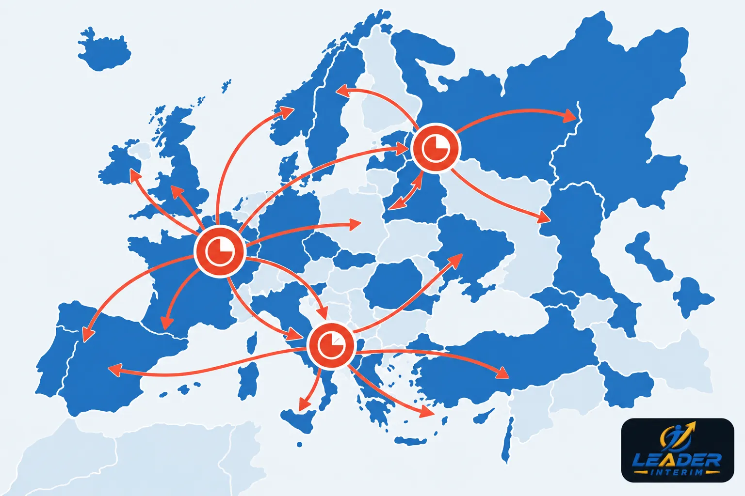 Carte de l'Europe montrant des flèches rouges indiquant des mouvements entre plusieurs pays.
