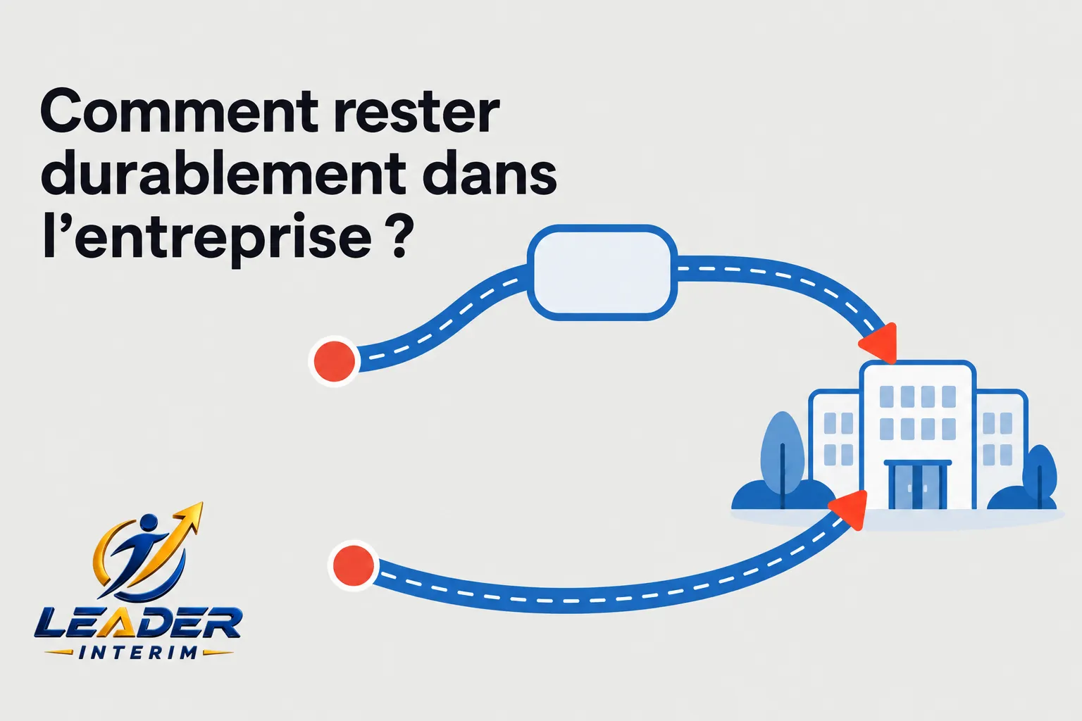 Deux flèches bleues longeant un bâtiment symbolisent une liaison continue entre une agence d’intérim et l’entreprise