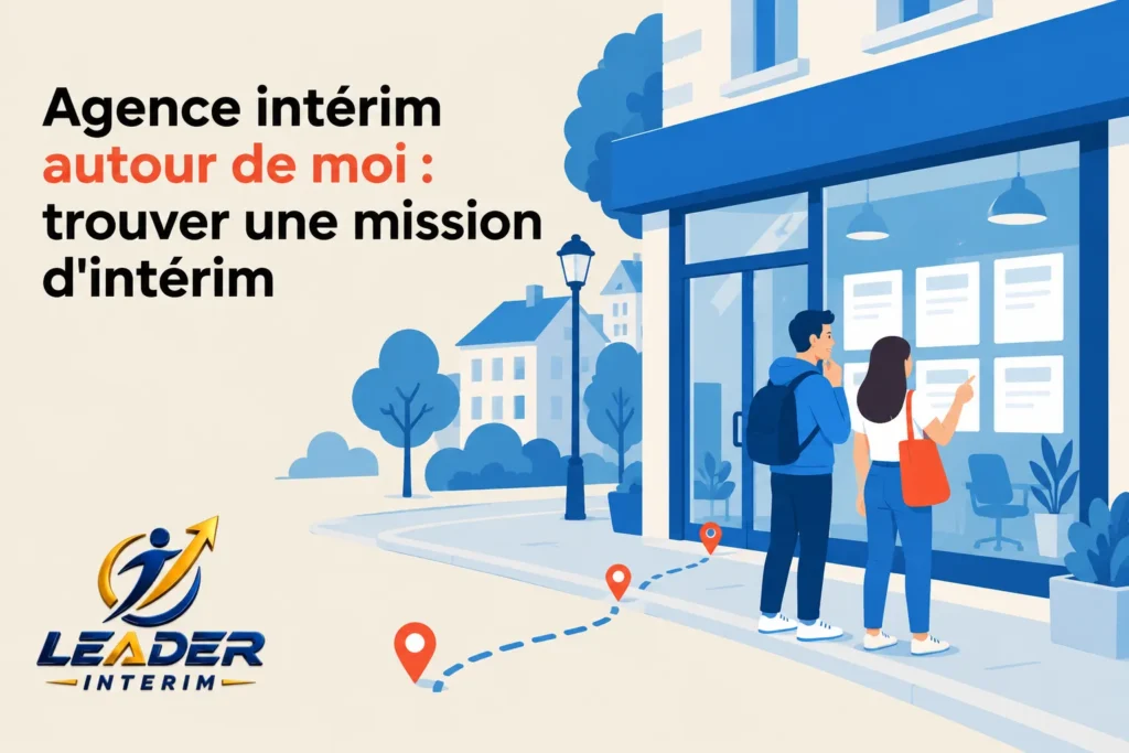 Deux jeunes gens devant une agence d’intérim, observant les offres affichées dans la vitrine.