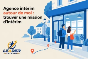 Deux jeunes gens devant une agence d’intérim, observant les offres affichées dans la vitrine.