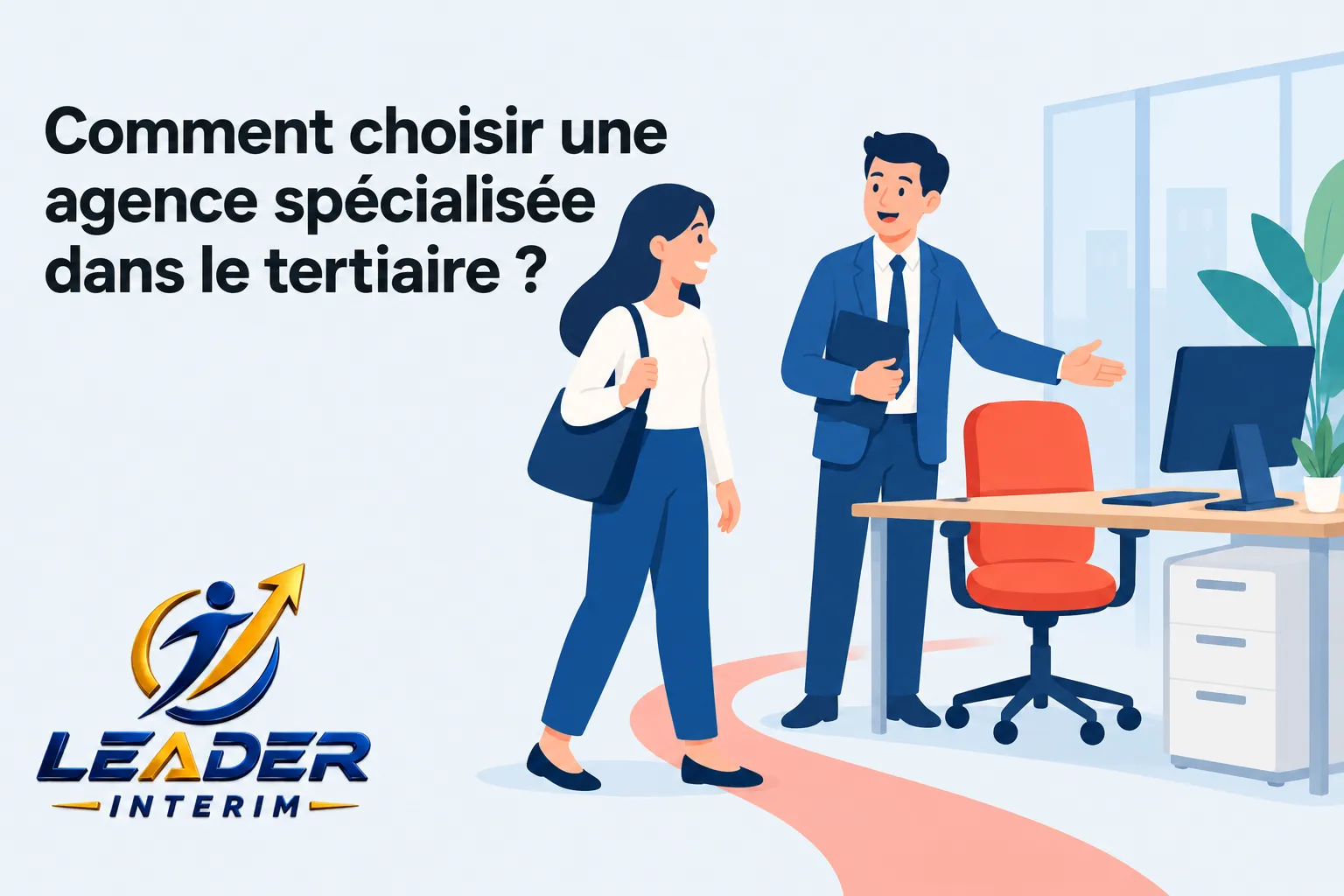 Deux professionnels discutent dans un bureau moderne, l’un tient un dossier et tape sur un ordinateur.