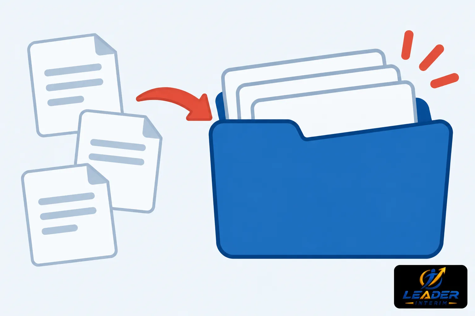 Un dossier bleu rempli de documents, avec des feuilles s’envolant vers le dossier.