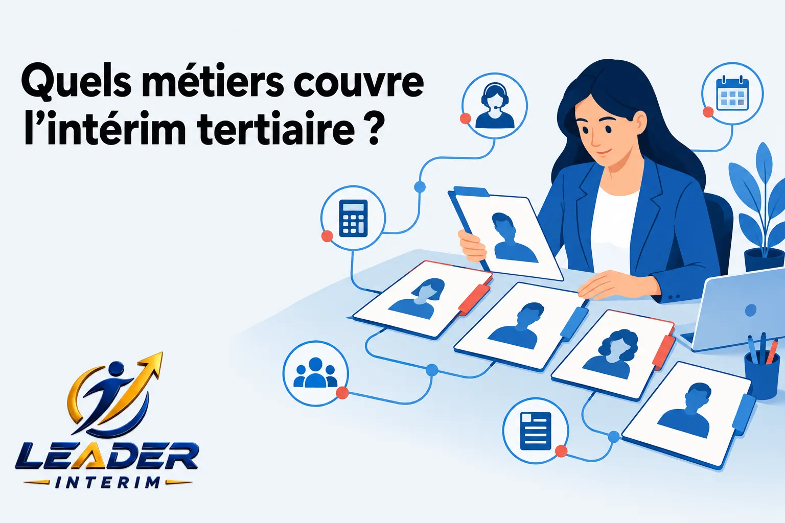 Une femme assise à son bureau regarde une tablette avec des photos de profil et des documents, entourée de liaisons