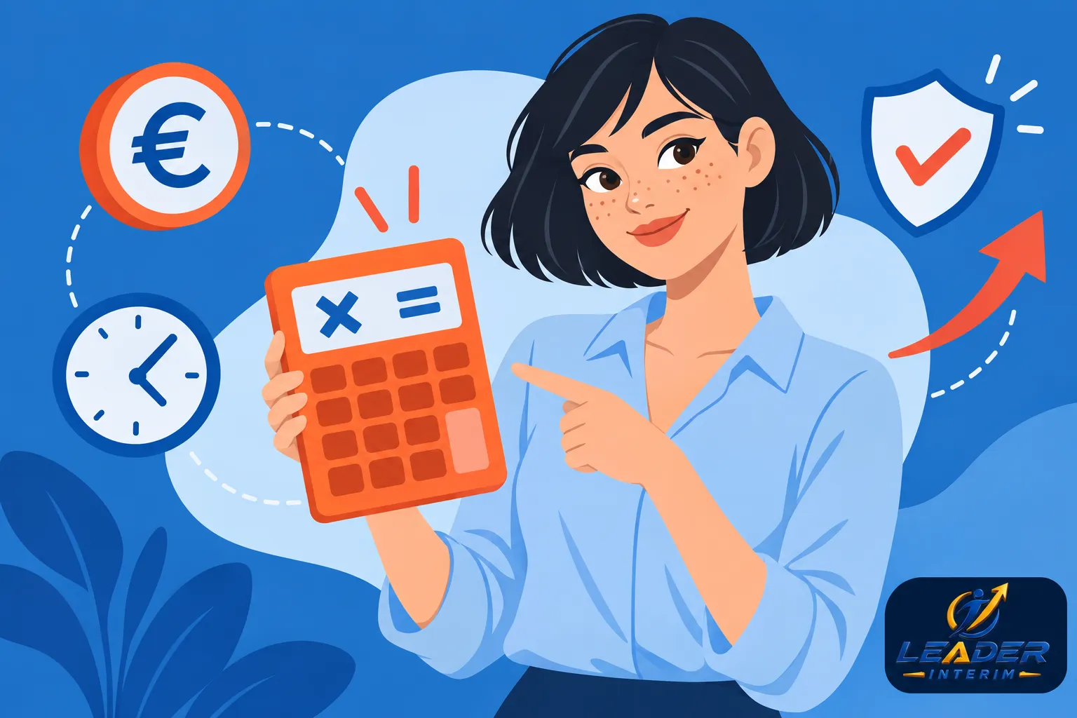 Une femme tient une calculatrice orange et pointe du doigt l’écran, entourée d’éléments illustratifs financiers et d’un logo