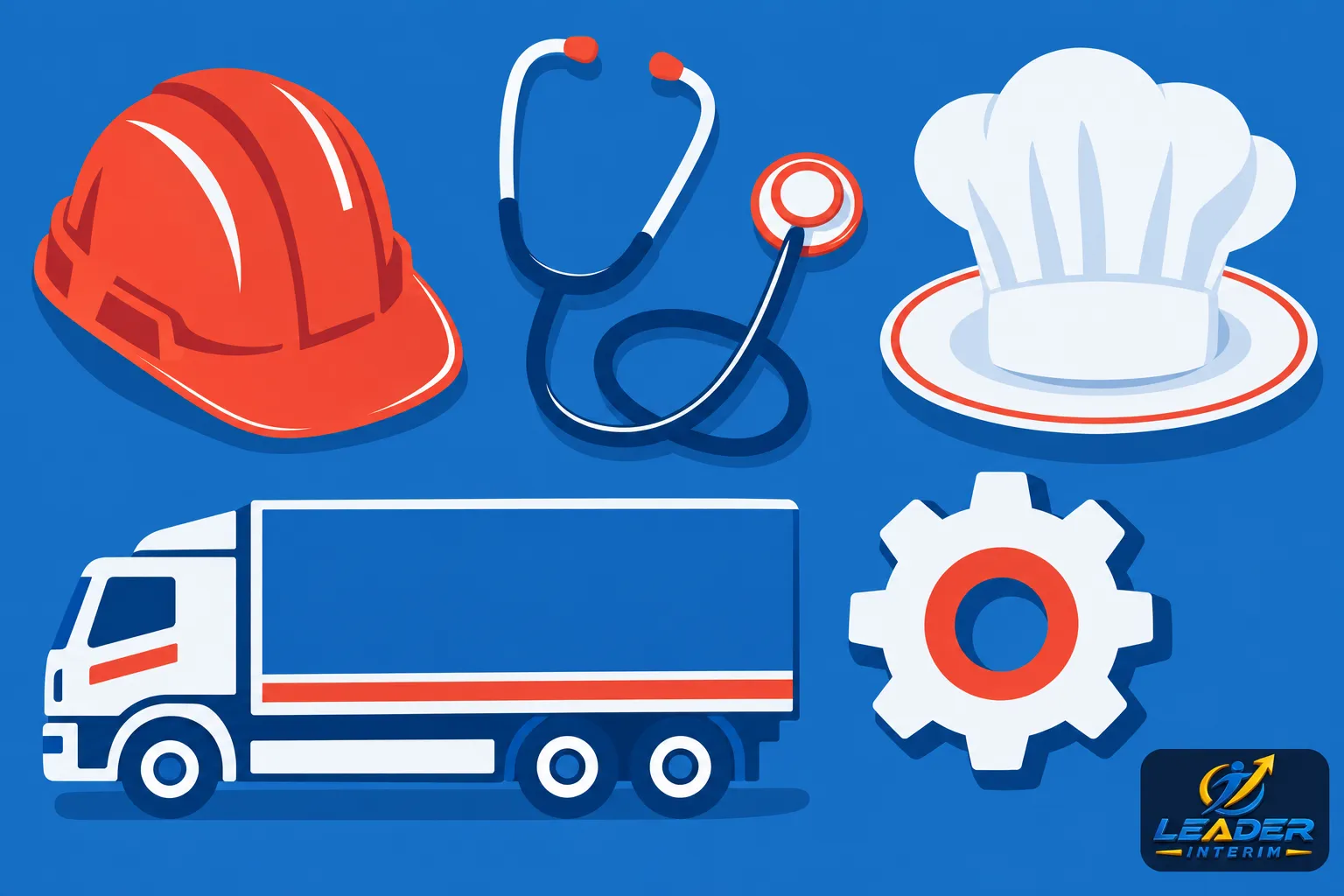 Une illustration montrant un casque de sécurité rouge, un stéthoscope, un chapeau de chef, un camion et une roue dentée sur