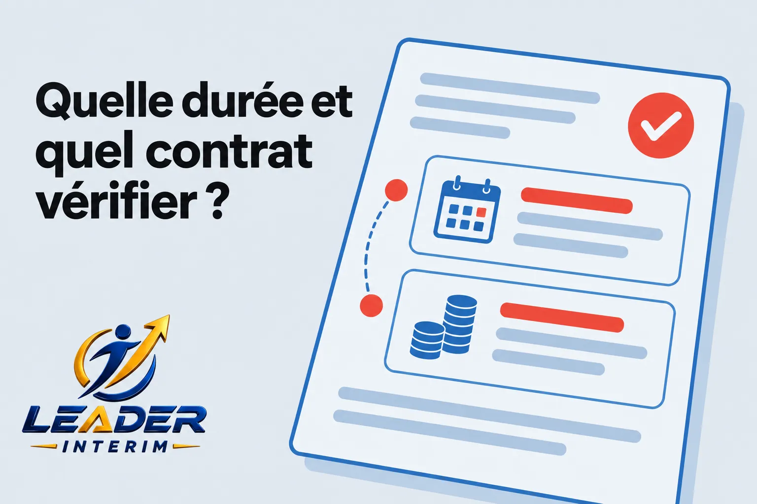 Une illustration montrant un document avec des icônes et des graphiques, à côté du logo Leader Interim.