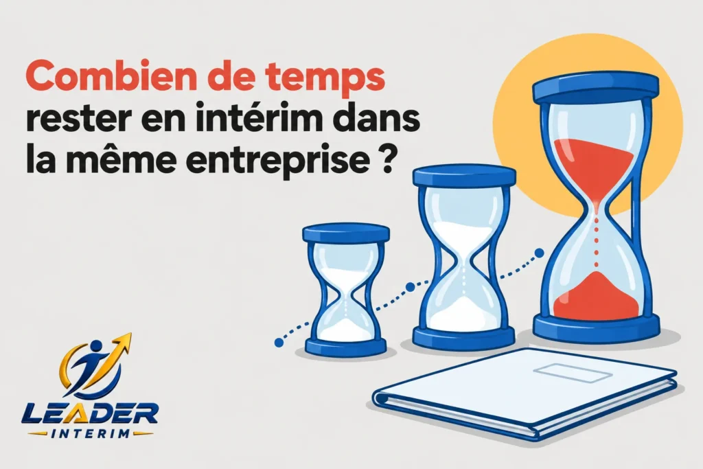 Illustration montrant des sabliers de différentes tailles et un carnet posé à côté, évoquant la durée des missions d’intérim