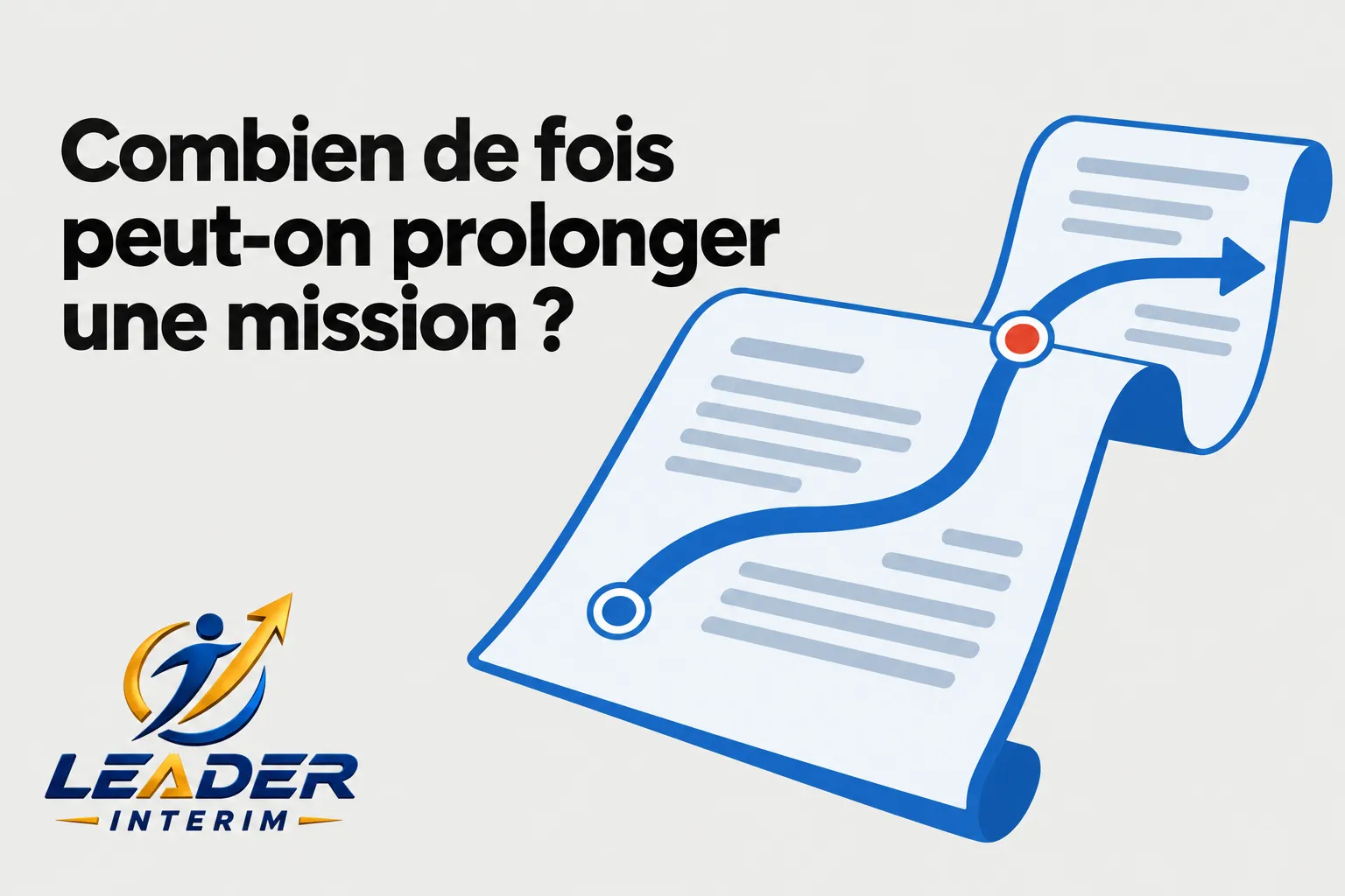 Infographie montrant une question « Combien de fois peut-on prolonger une mission ? » avec un document déroulant et des