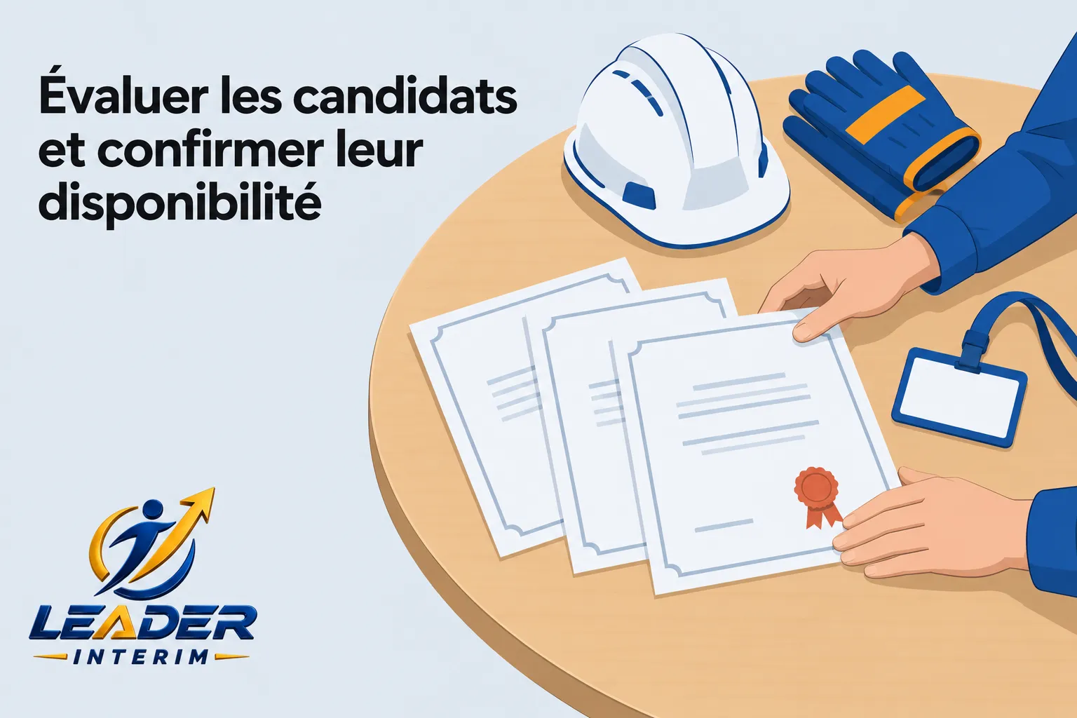 Des mains examinent des dossiers sur une table, à côté d’un casque de chantier et de gants.
