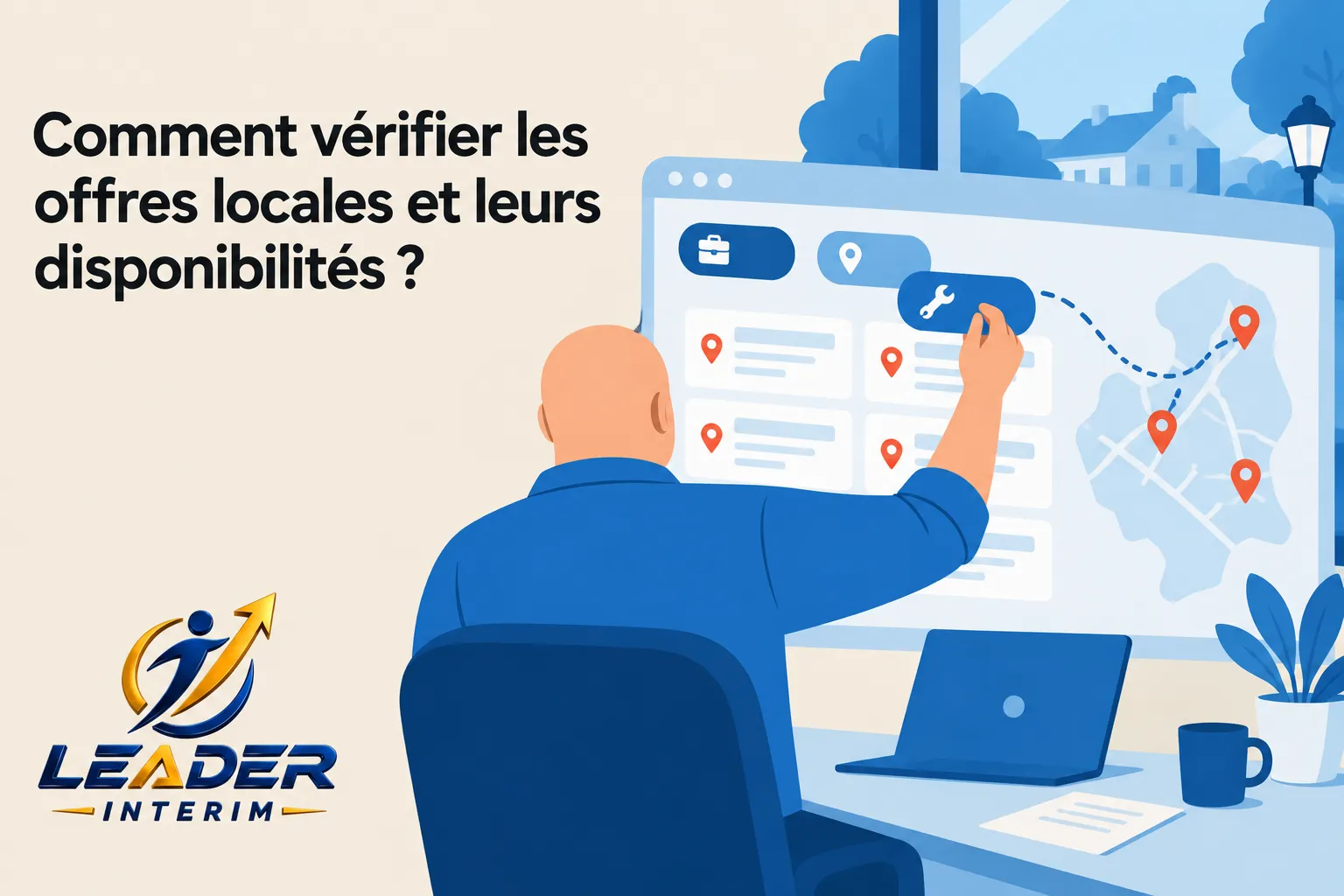 Une personne assise devant un ordinateur observe une grande interface avec des icônes et une carte, en train de vérifier les