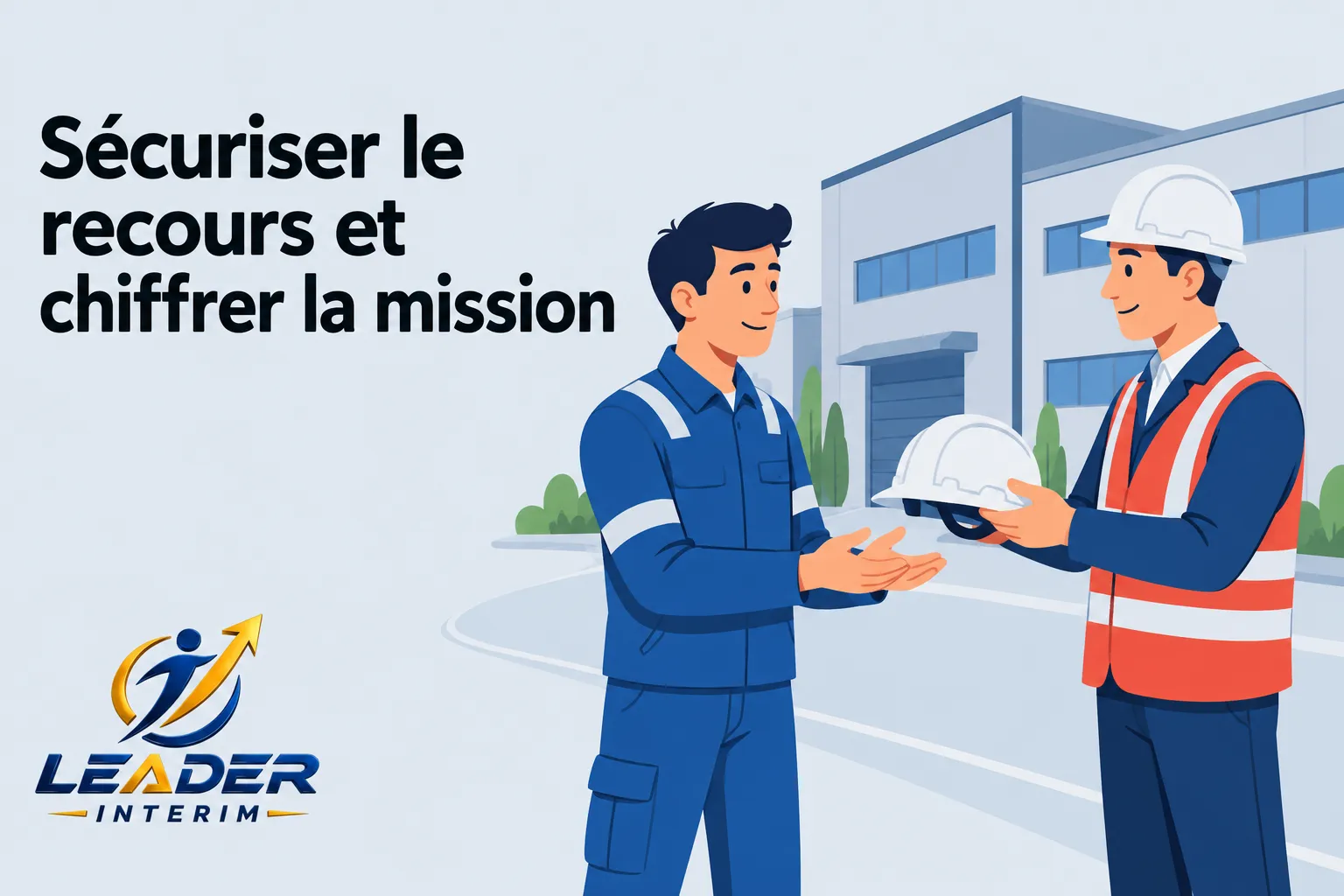 Un responsable en gilet de sécurité remet un casque à un intérimaire devant un bâtiment industriel.
