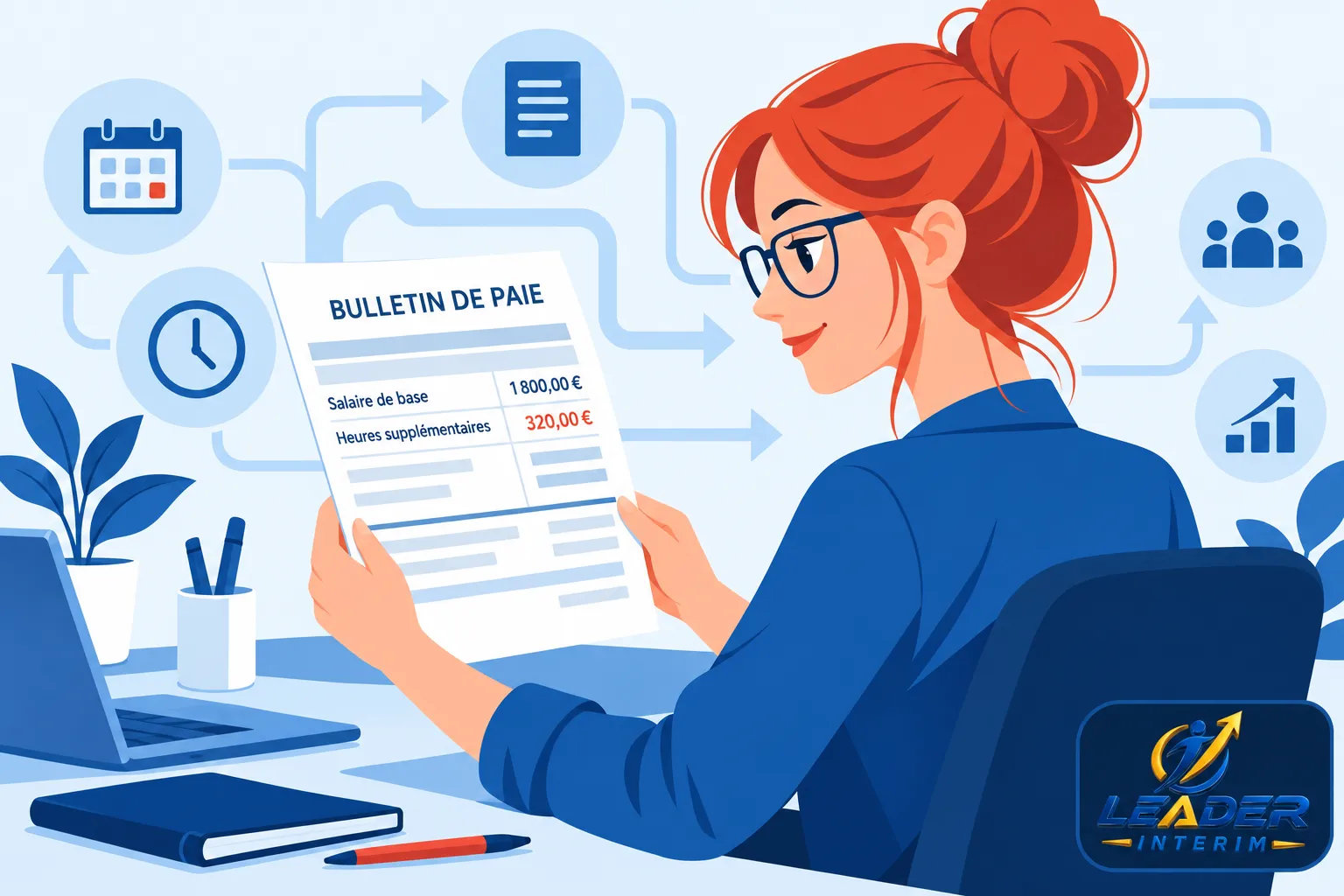 Une salariée lit un bulletin de paie sur fond bleu avec des icônes et un ordinateur sur le bureau.