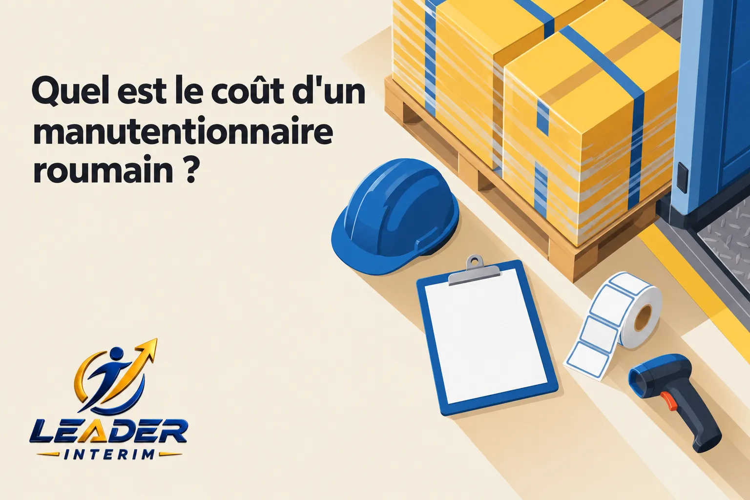 Une scène de travail sur site montrant des colis sur une palette, un casque de sécurité bleu, un badge et un appareil de