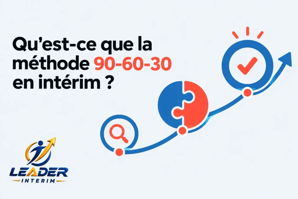 Texte alt: Visuel montrant le titre Qu’est-ce que la méthode 90-60-30 en intérim ? avec des éléments graphiques circulaires